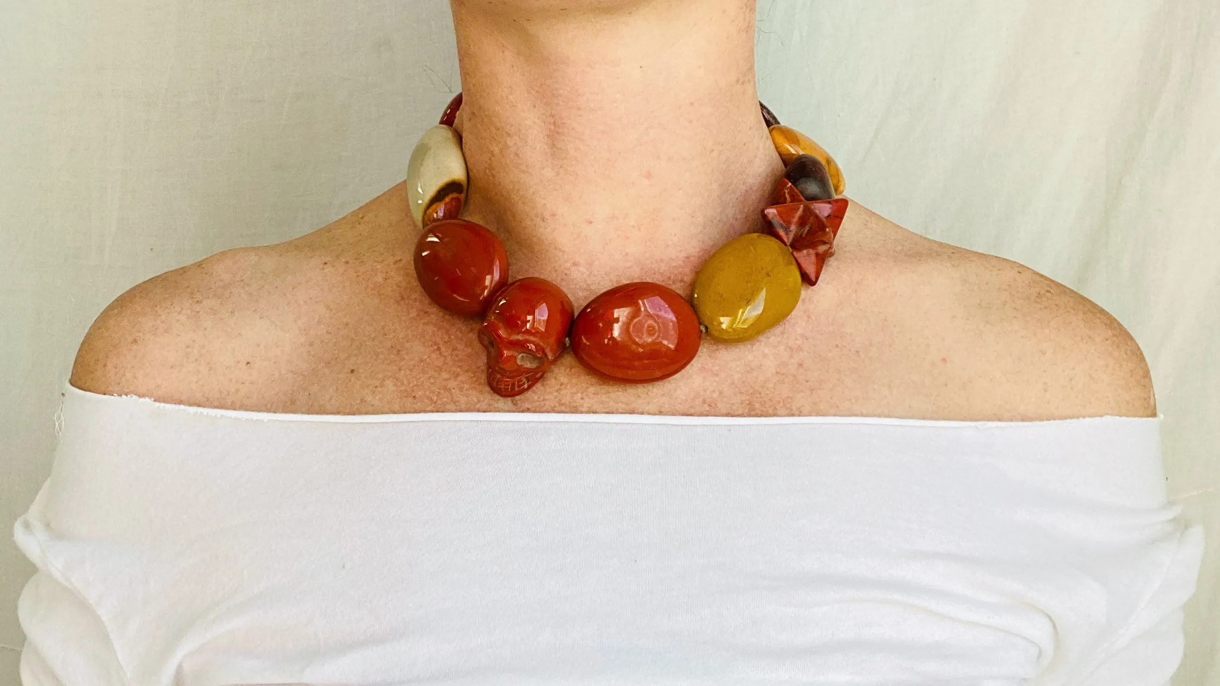 Skully Red Jasper Necklace. Red Tiger's Eye, Yellow Jasper, Sterling Silver. Choker.