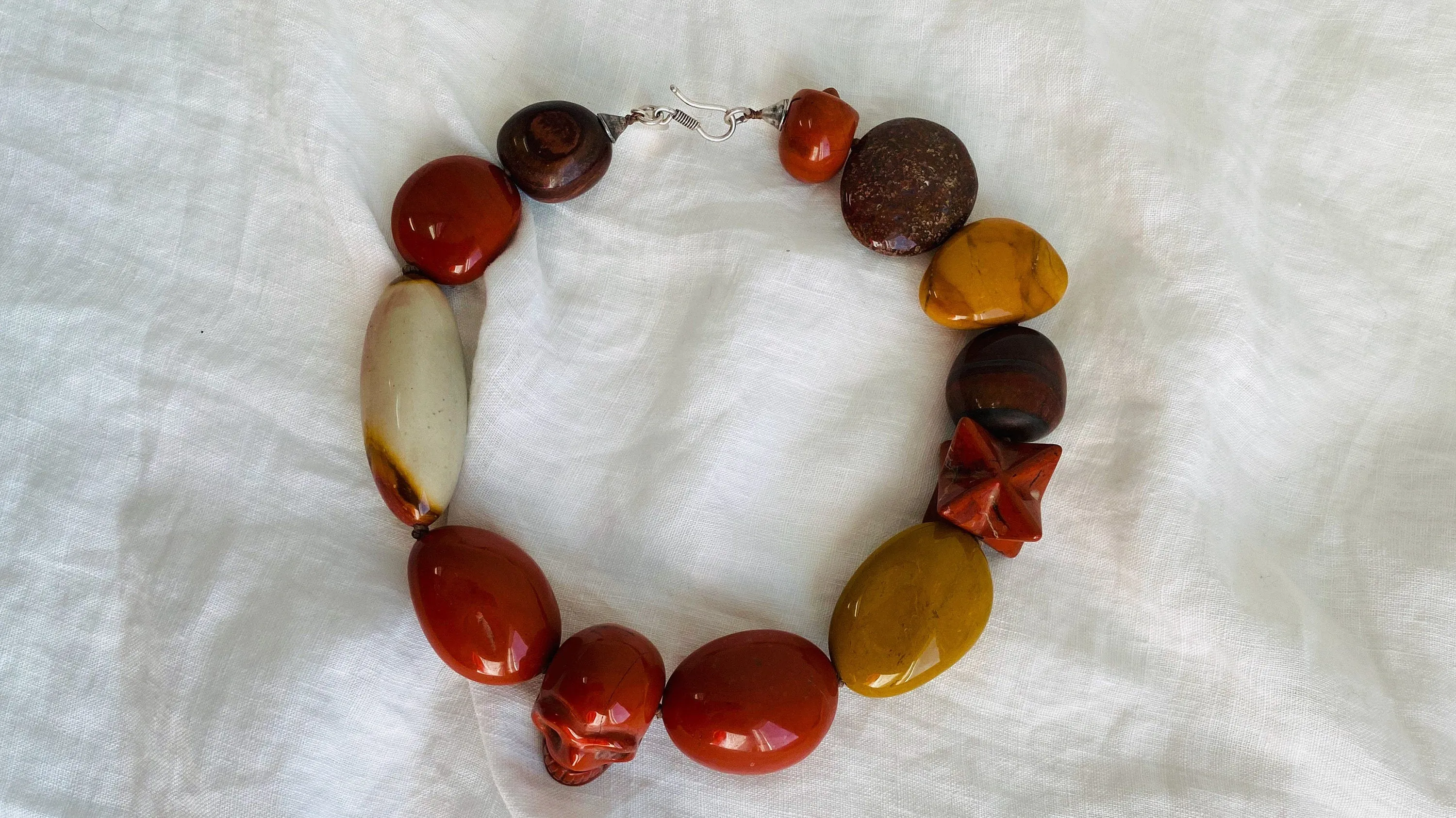 Skully Red Jasper Necklace. Red Tiger's Eye, Yellow Jasper, Sterling Silver. Choker.